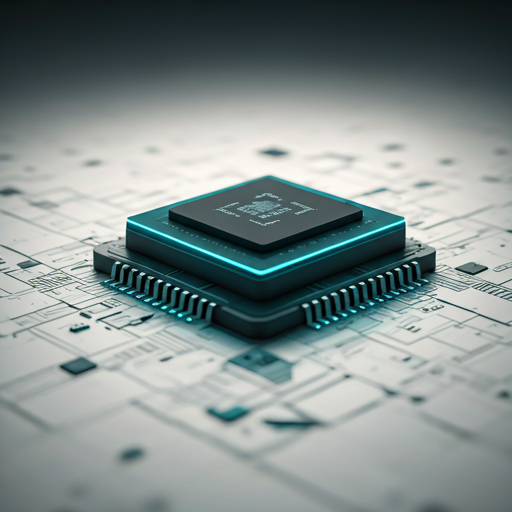 A clean, minimalist 3D rendering of a futuristic artificial intelligence chip glowing with soft cyan light. The surrounding space is a vast, clinical white void with subtle grid patterns. The composition is highly symmetrical, emphasizing order and high-tech sophistication. Soft ambient shadows provide depth without breaking the minimalist aesthetic.